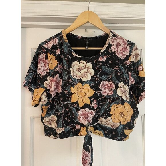 Torrid Wireless Crew Neck Black Floral Hawaiian Sleeve Knot Front Bikini Set 3x - Picture 1 of 9